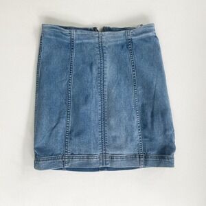 Free People Denim Mini Skirt‎ High Waist Panel Detail Blue Stretch Jean Skirt